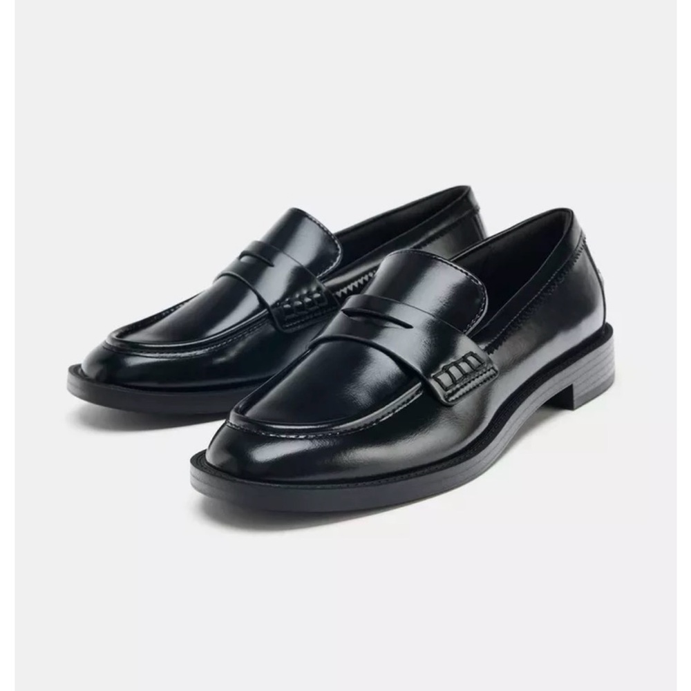 Zara Black Leather Penny Loafers for Women - Brand New With Tags